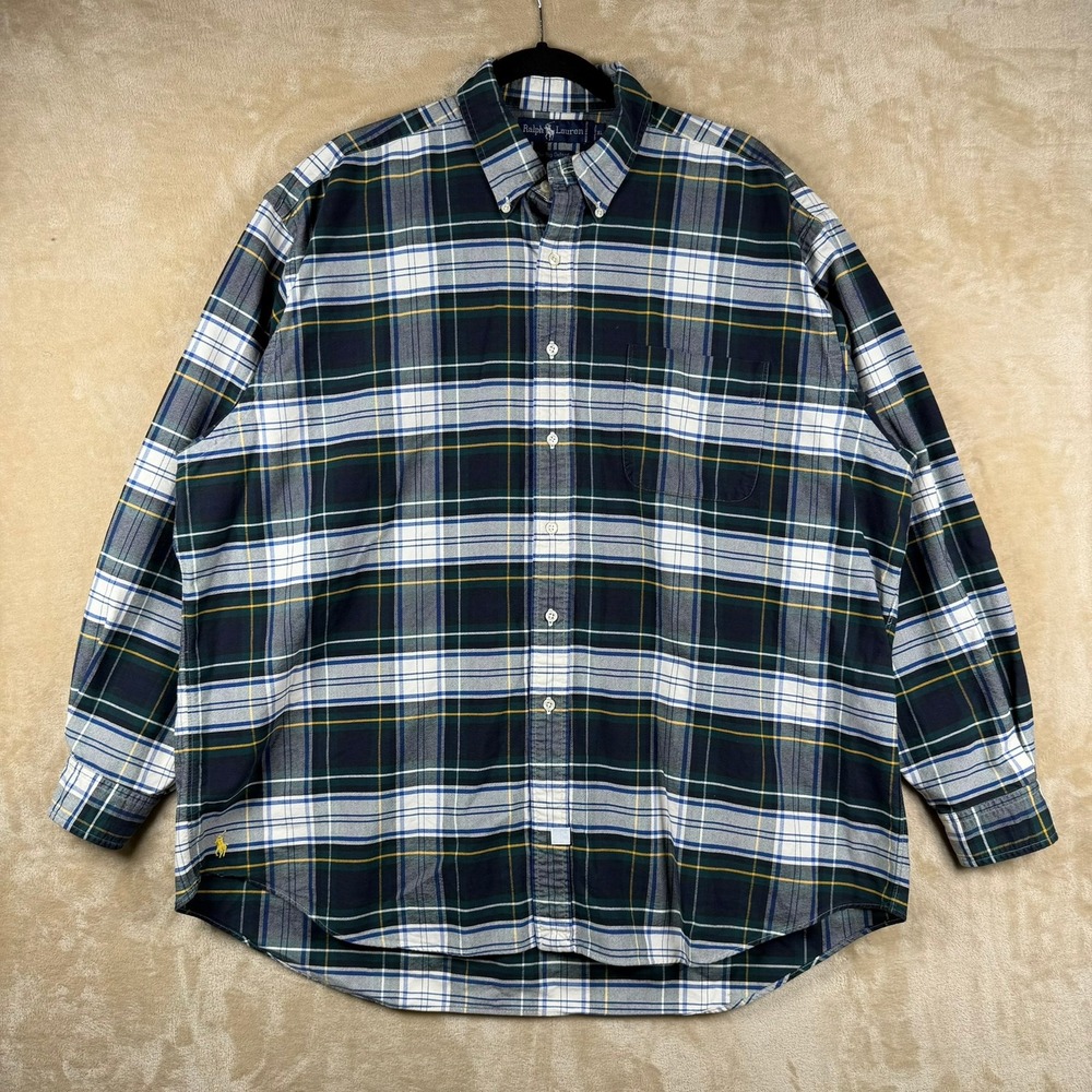 Ralph Lauren The Big Oxford Tartan Plaid Button Down Shirt XL Navy Green Yellow